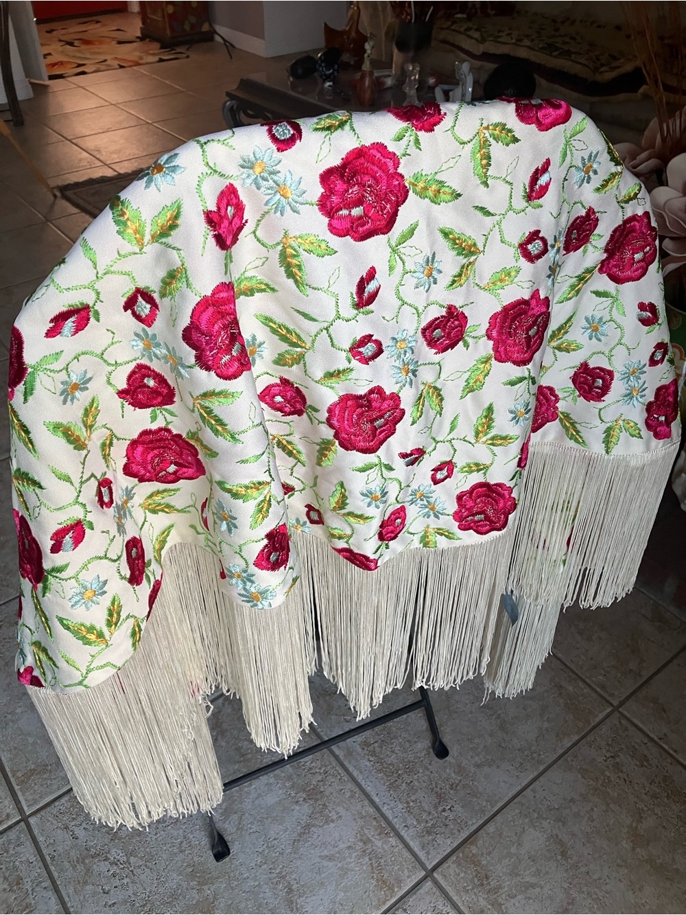 Vintage Saks Fifth Avenue Cream Shawl with Pink Rose Embroidery and Fringe - Picture 7 of 7